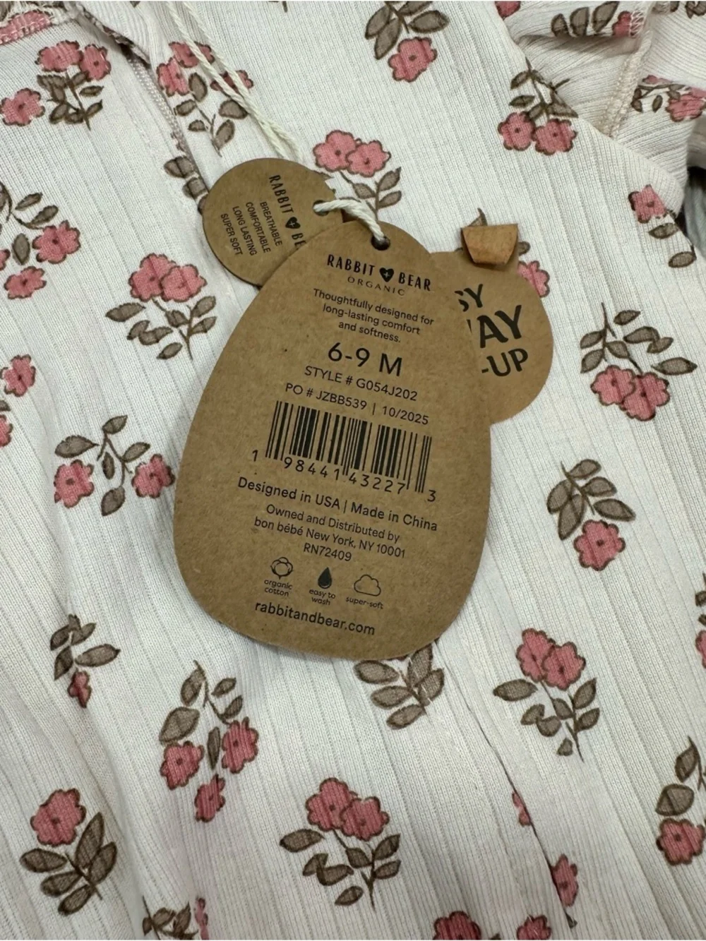 NWT Rabbit & Bear Pink Floral Footed One-Piece 6-9M organic cottagecore coquette